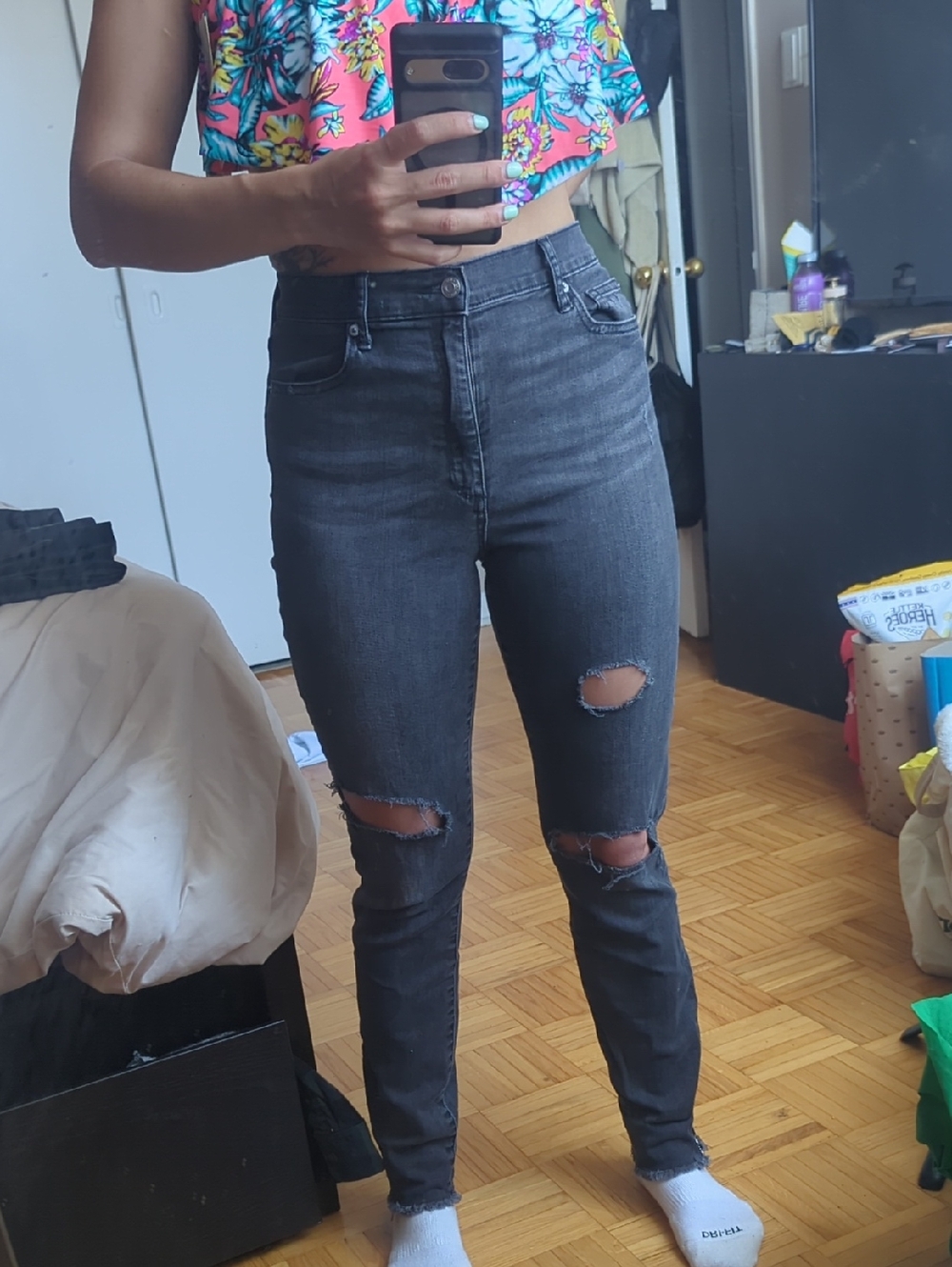 GAP Charcoal Black High-Rise Ripped Skinny Jeans
